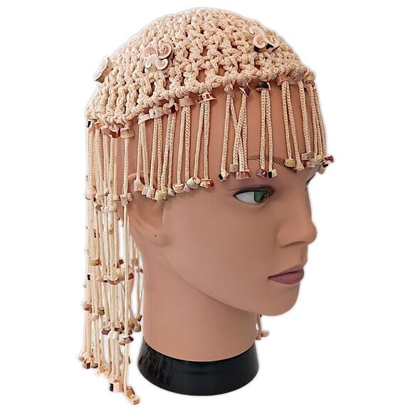 Vtg 70s Macrame Crown Headpiece Cowrie Shell Flapper Seashell Bohemian Cleopatra main image 9